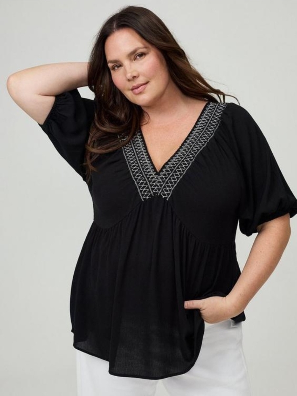 Torrid Black V-Neck Embroidered Smocked Blouse